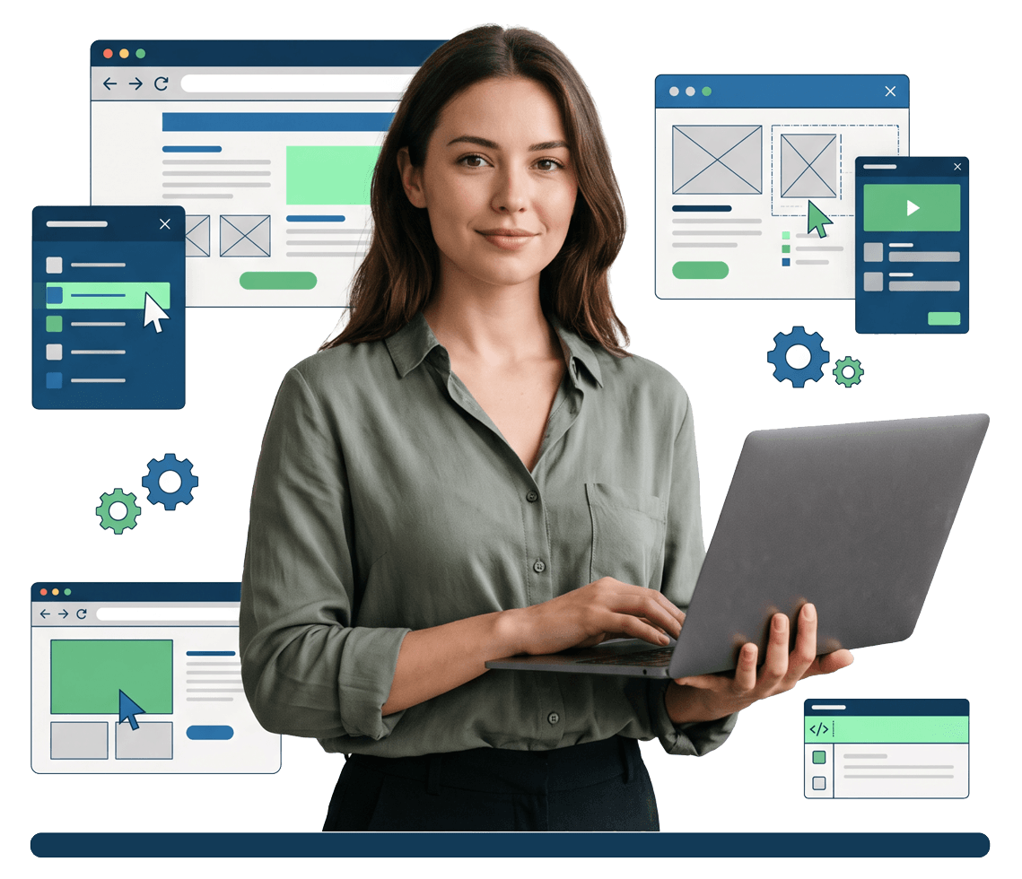 Business owner reviewing her website on a laptop